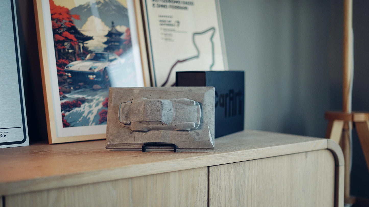 Porsche 930 concrete sculpture in raw concrete finish, landscape mockup – CarArt Dubai