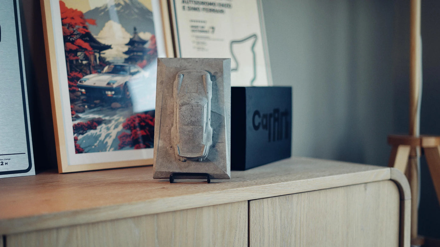 Porsche 930 concrete sculpture in raw concrete finish, portrait mockup – CarArt Dubai