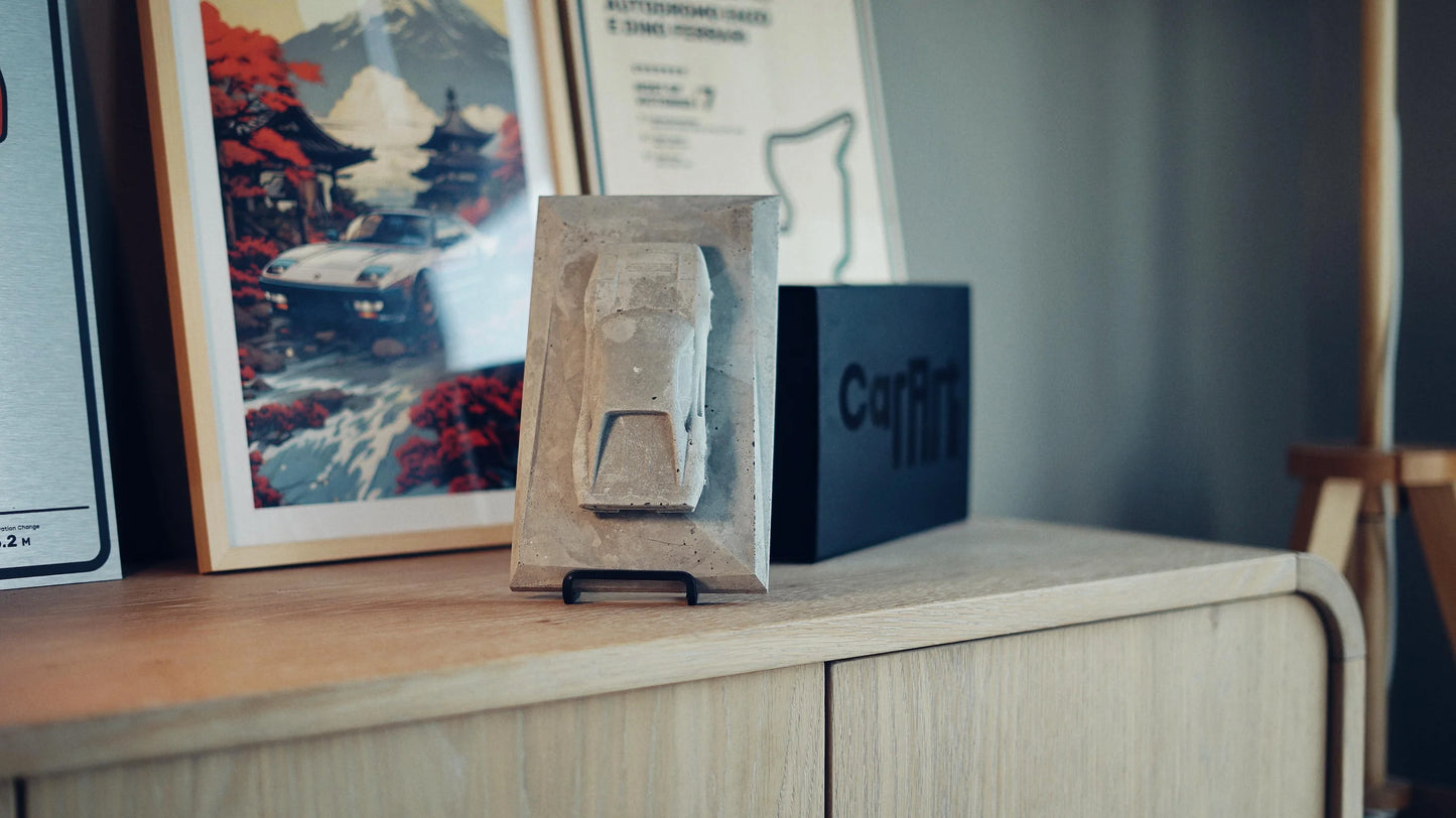 Ferrari 288 GTO concrete sculpture in raw concrete finish, portrait mockup – CarArt Dubai