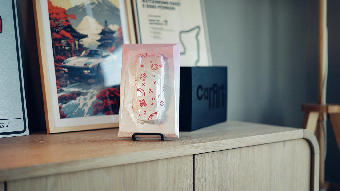 Porsche 930 concrete sculpture with pink geometric pattern design, portrait mockup – CarArt Dubai