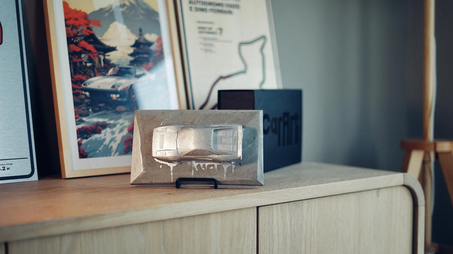 Ferrari 288 GTO concrete sculpture in raw concrete splash finish, landscape mockup – CarArt Dubai