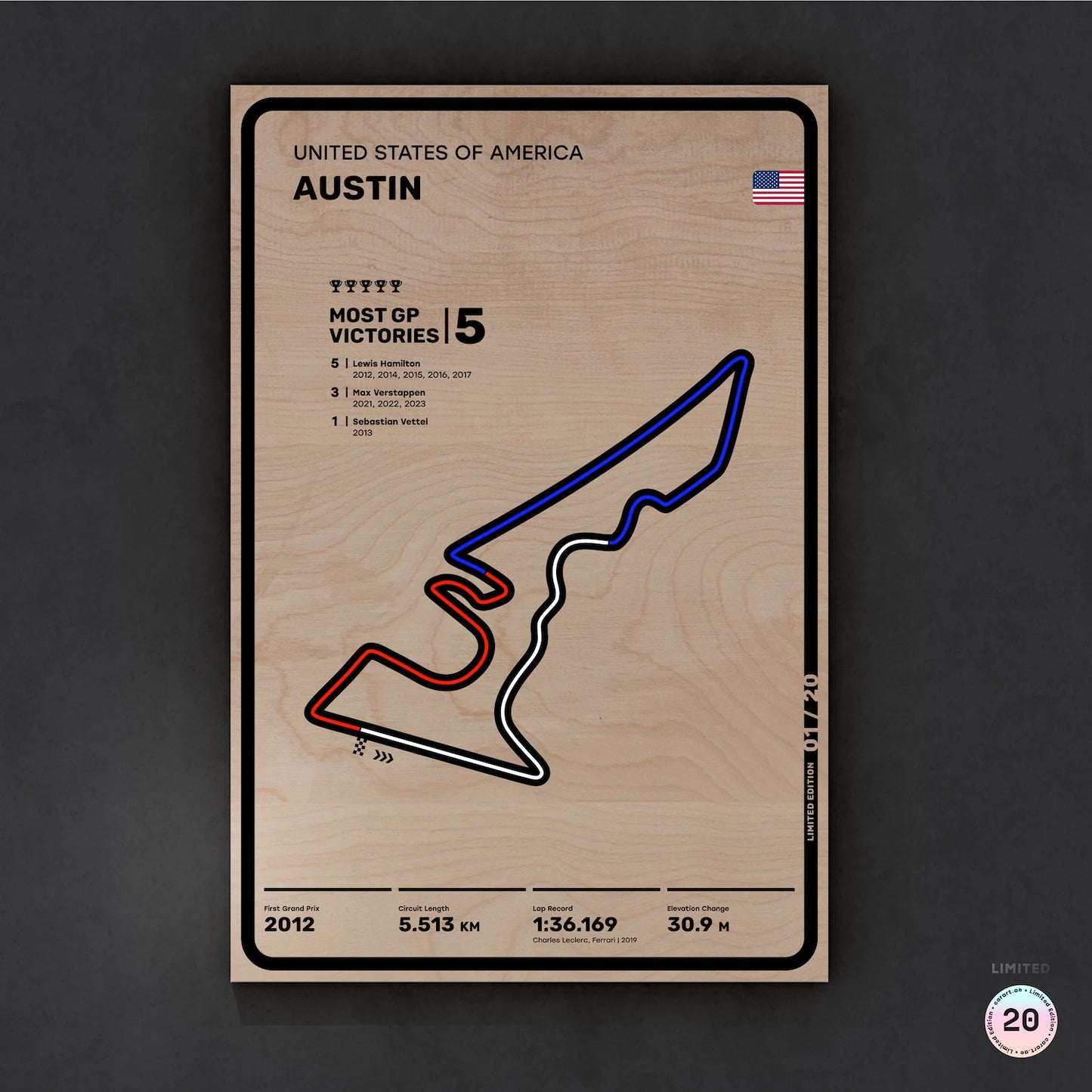 Limited wood artwork of Austin F1 racetrack with 3D depth texture – CarArt Dubai