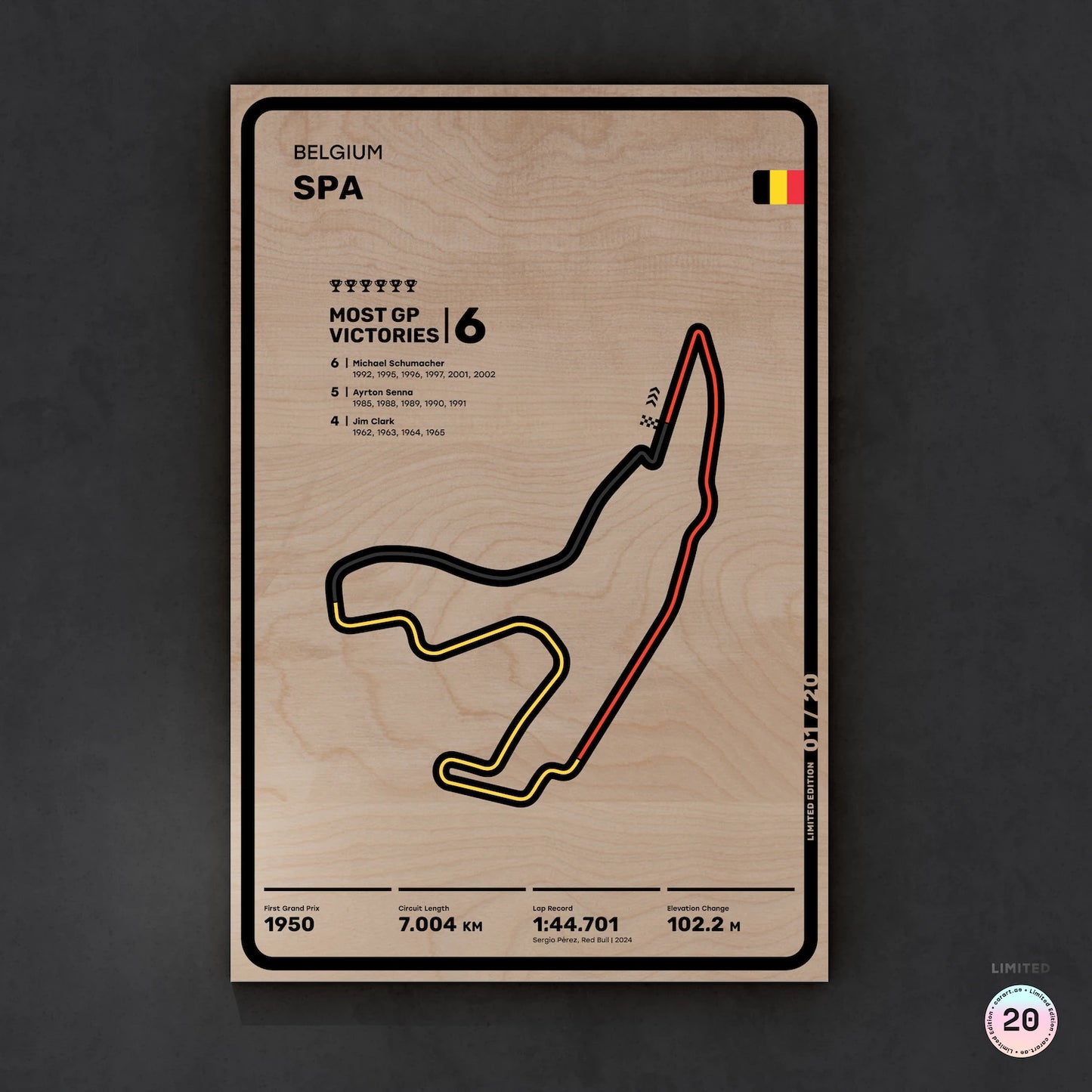 Limited wood artwork of Belgium Spa F1 racetrack with 3D textured depth – CarArt Dubai