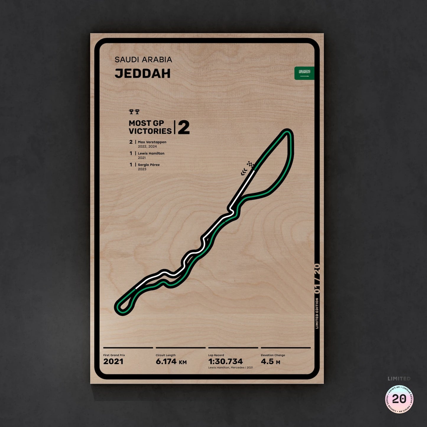 Limited wood artwork of Jeddah Saudi Arabia F1 racetrack with 3D textured depth – CarArt Dubai