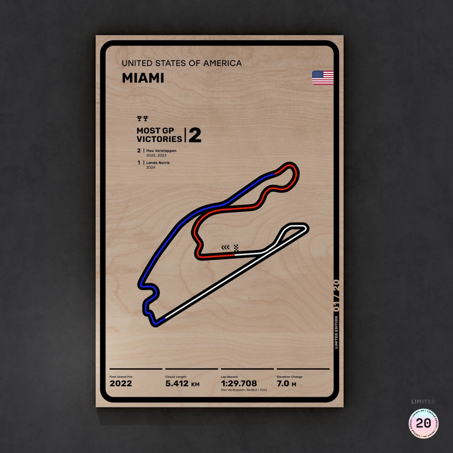 Limited wood artwork of Miami F1 racetrack with 3D depth texture – CarArt Dubai