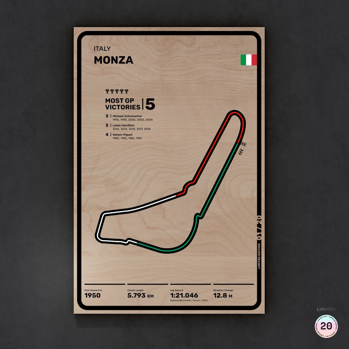 Limited wood artwork of Monza F1 racetrack with 3D textured depth – CarArt Dubai