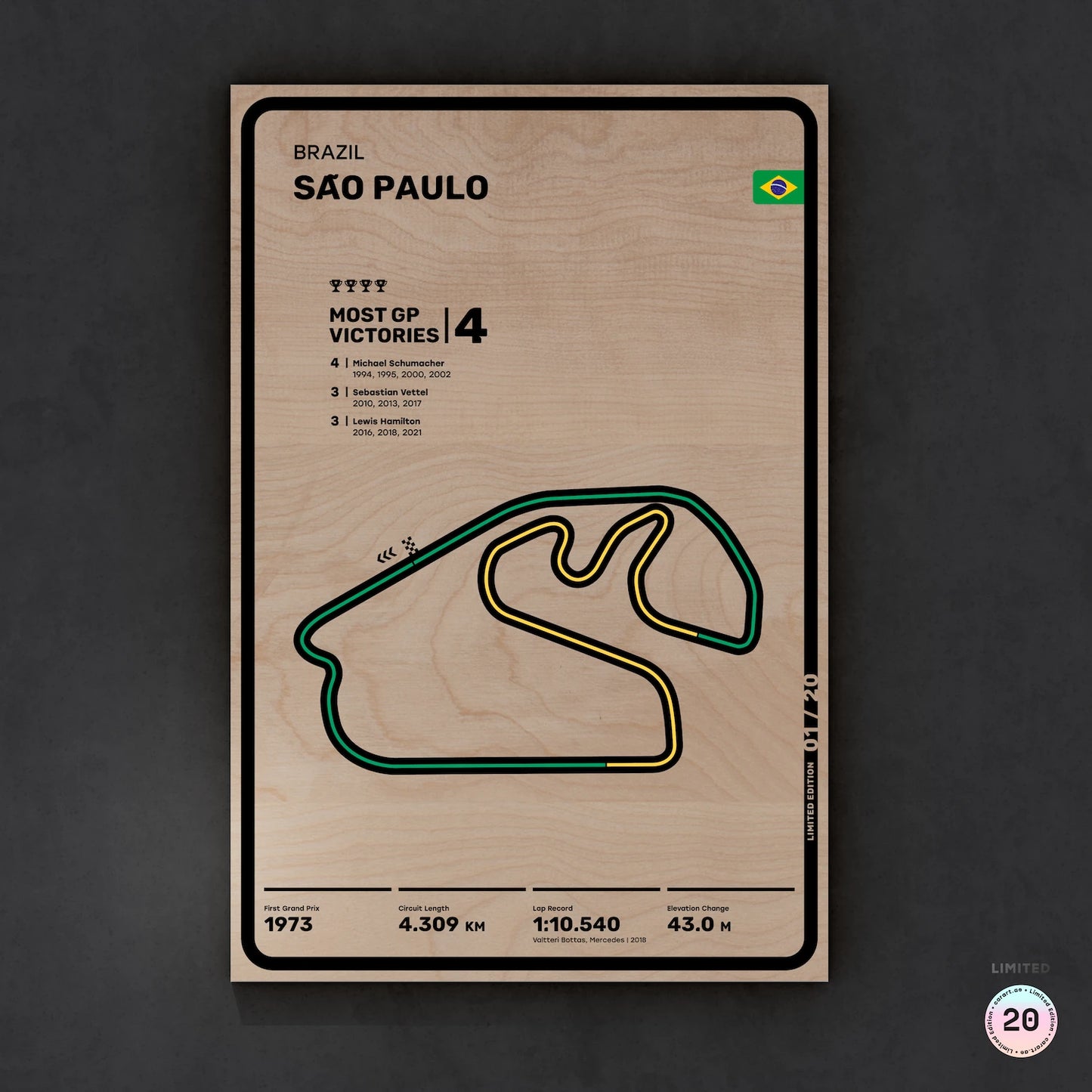Limited wood artwork of São Paulo F1 racetrack with 3D depth texture – CarArt Dubai