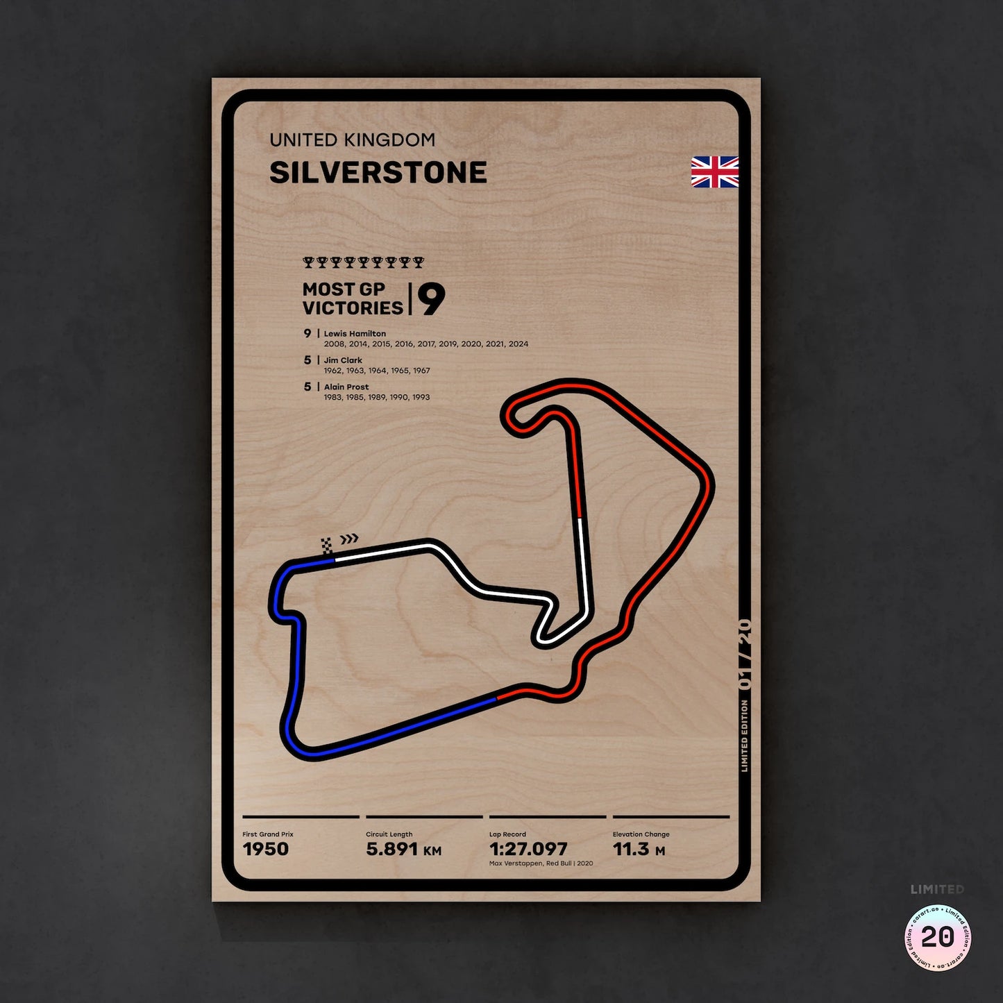 Limited wood artwork of Silverstone UK F1 racetrack with 3D textured depth – CarArt Dubai