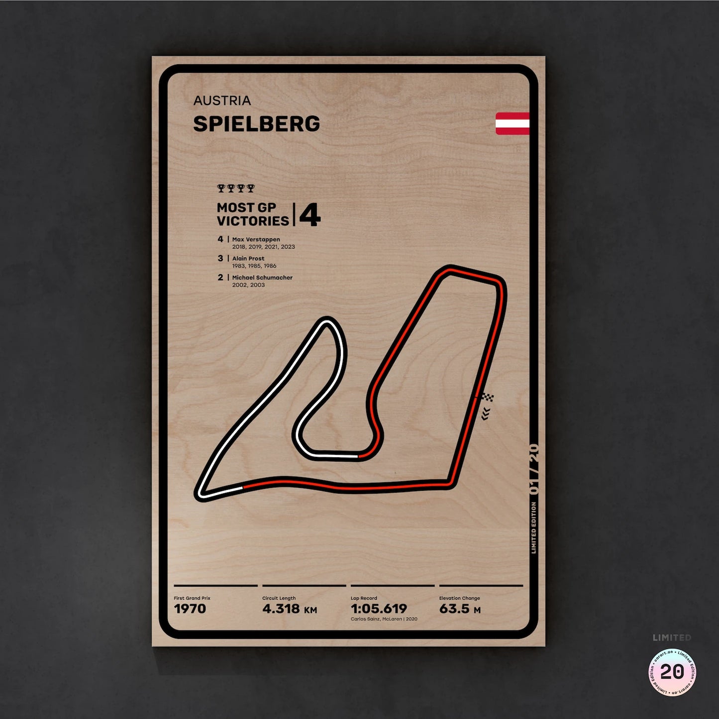 Limited wood artwork of Spielberg F1 racetrack with 3D depth texture – CarArt Dubai