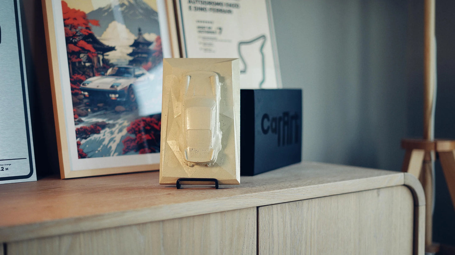 Porsche 930 concrete Sculpture art mockup in beige sandstone finish, portrait display by CarArt Dubai