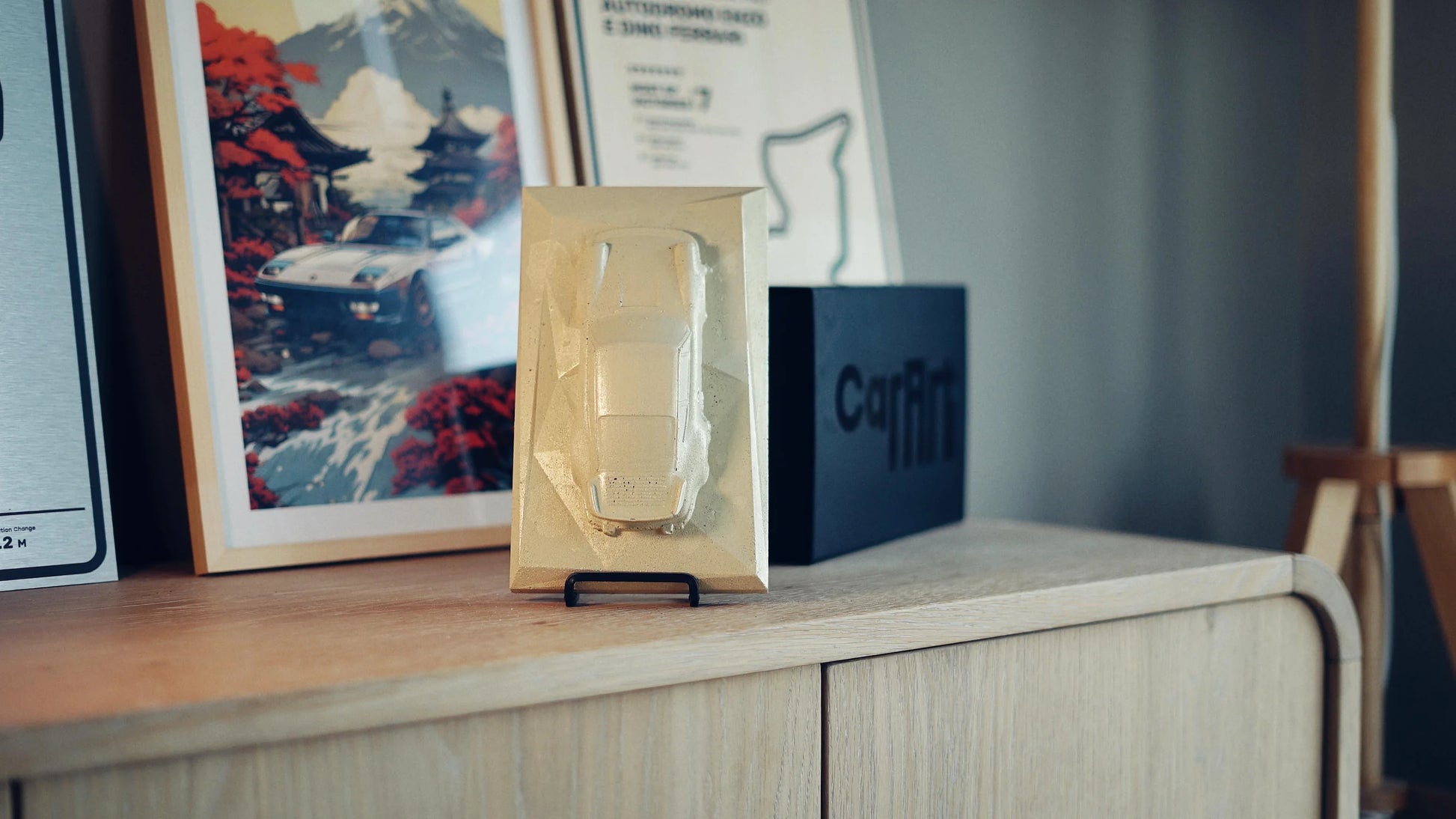 Porsche 930 concrete Sculpture art mockup in beige sandstone finish, portrait display by CarArt Dubai