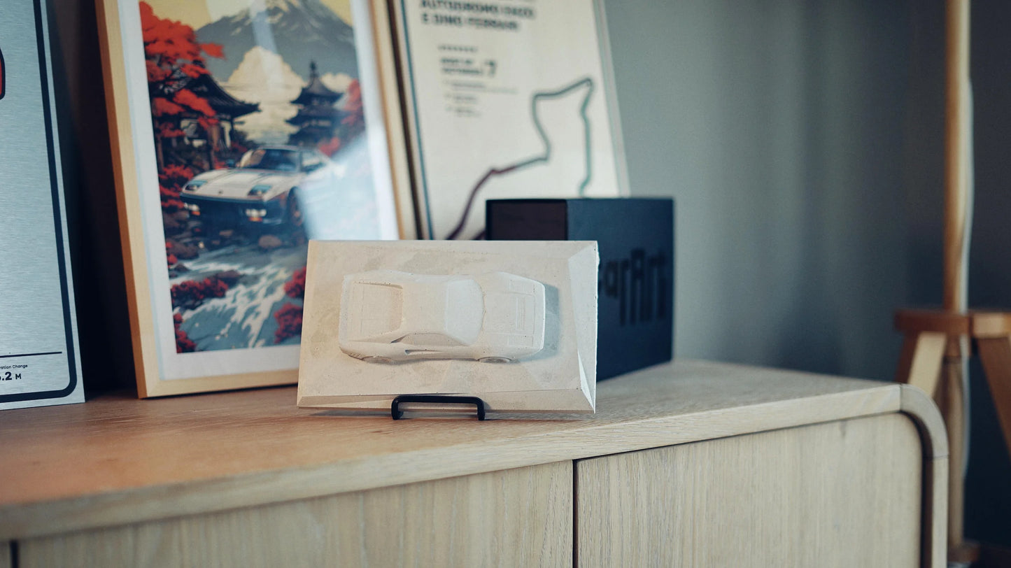 Ferrari 288 GTO concrete sculpture in light concrete finish, landscape mockup – CarArt Dubai