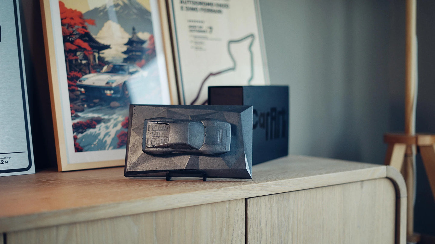 Ferrari 288 GTO concrete sculpture in dark concrete finish, landscape mockup – CarArt Dubai