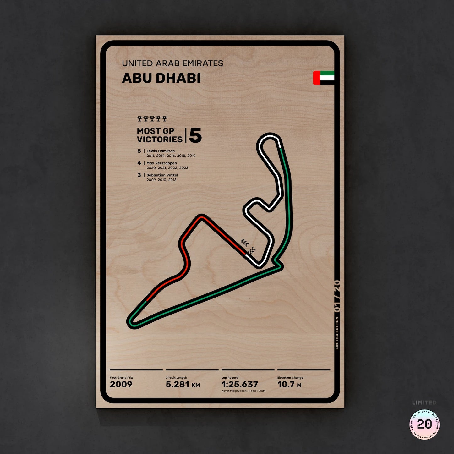 Limited wood artwork of Abu Dhabi F1 racetrack with 3D depth texture – CarArt Dubai