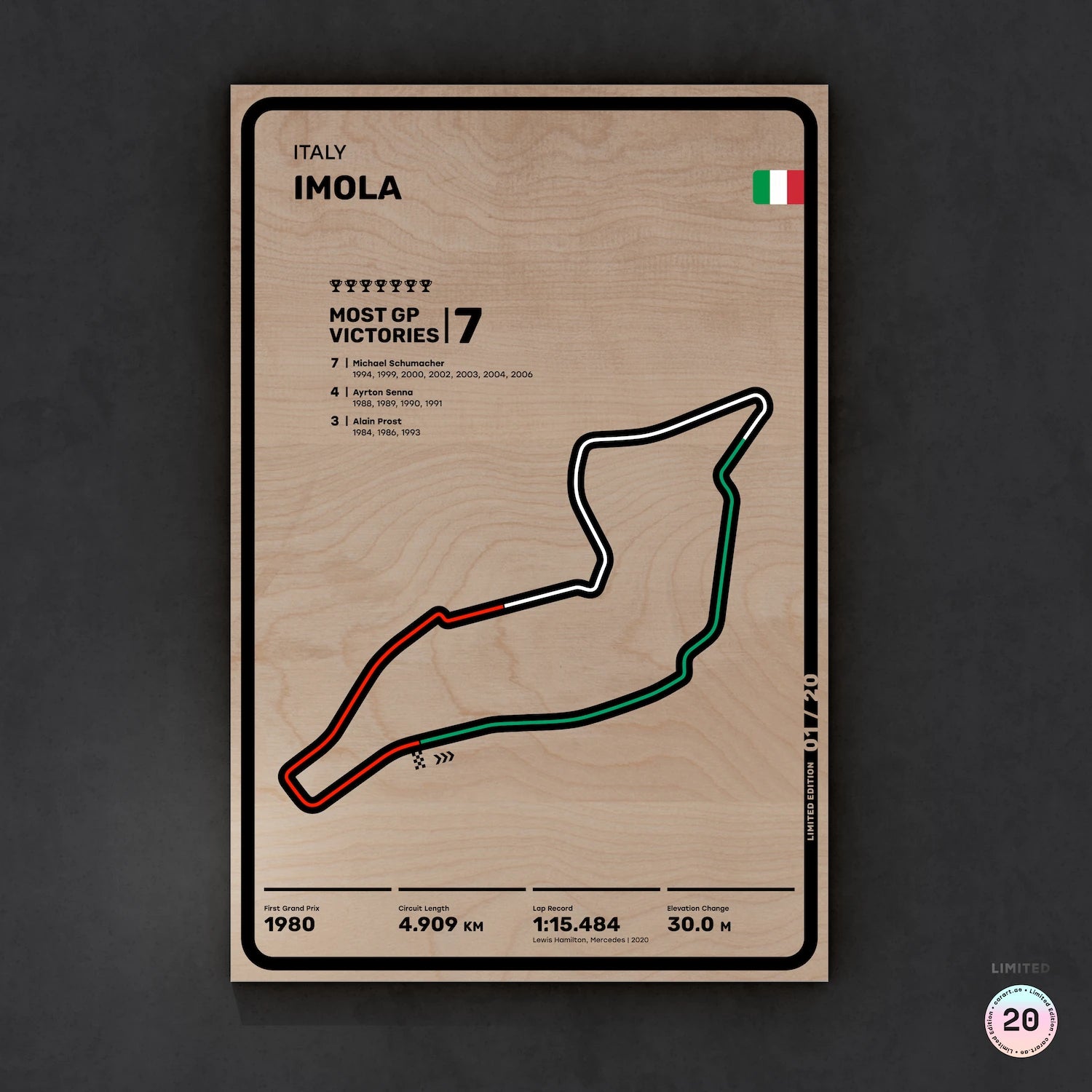Limited wood artwork of Imola F1 racetrack with 3D depth texture – CarArt Dubai