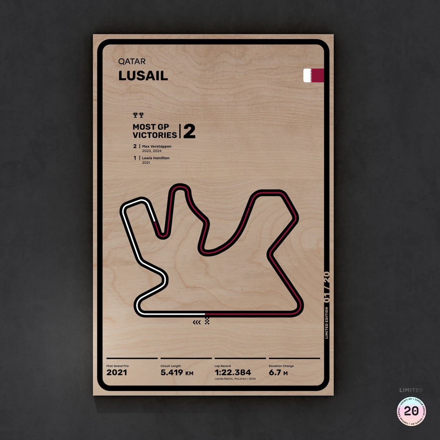 Limited wood artwork of Lusail Qatar GP F1 racetrack with 3D textured depth – CarArt Dubai