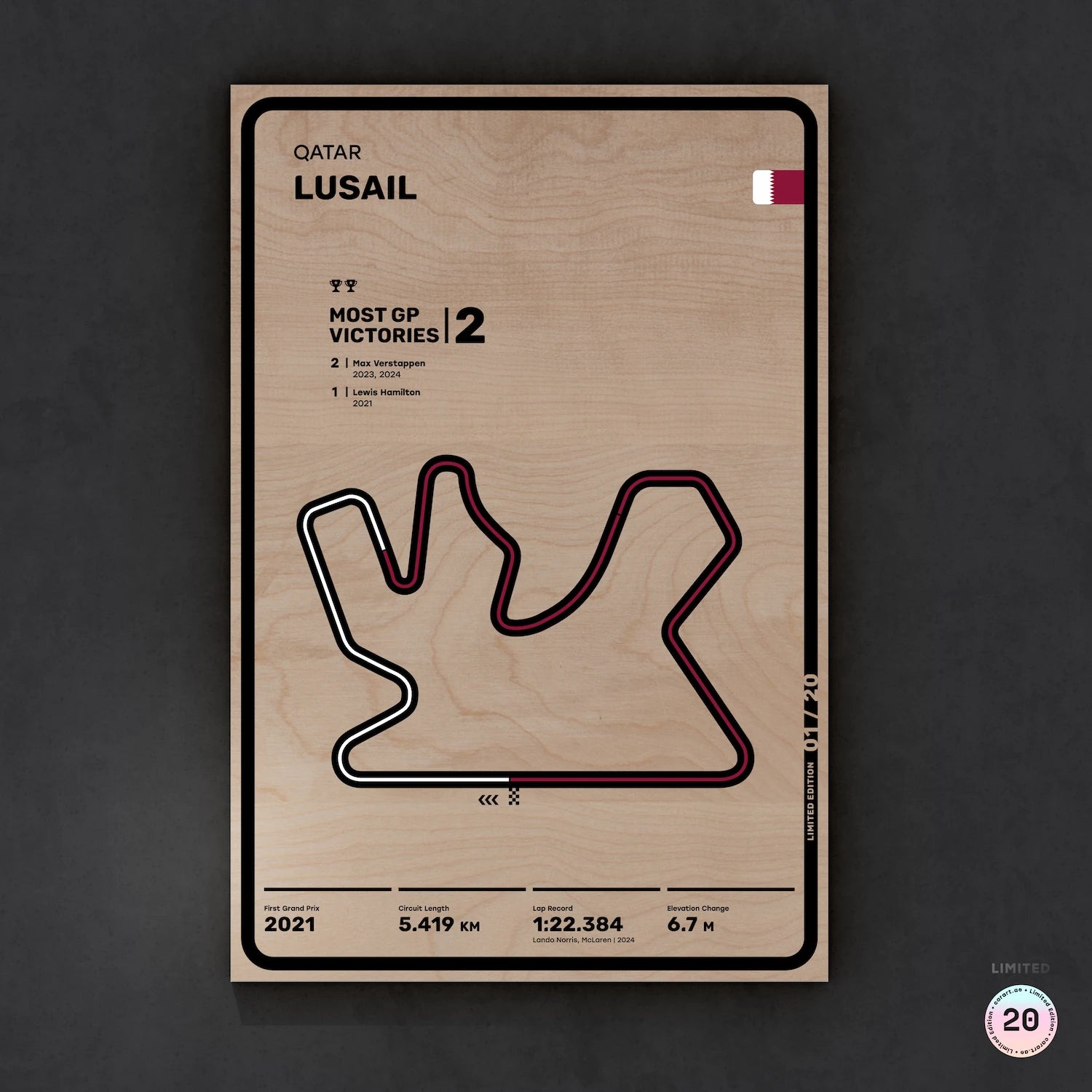 Limited wood artwork of Lusail Qatar GP F1 racetrack with 3D textured depth – CarArt Dubai