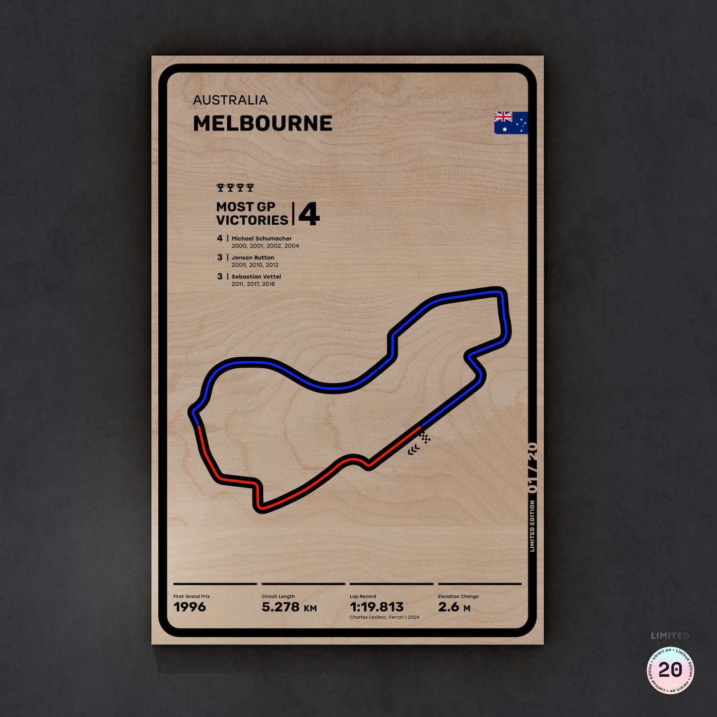 Limited wood artwork of Melbourne F1 racetrack with 3D depth texture – CarArt Dubai