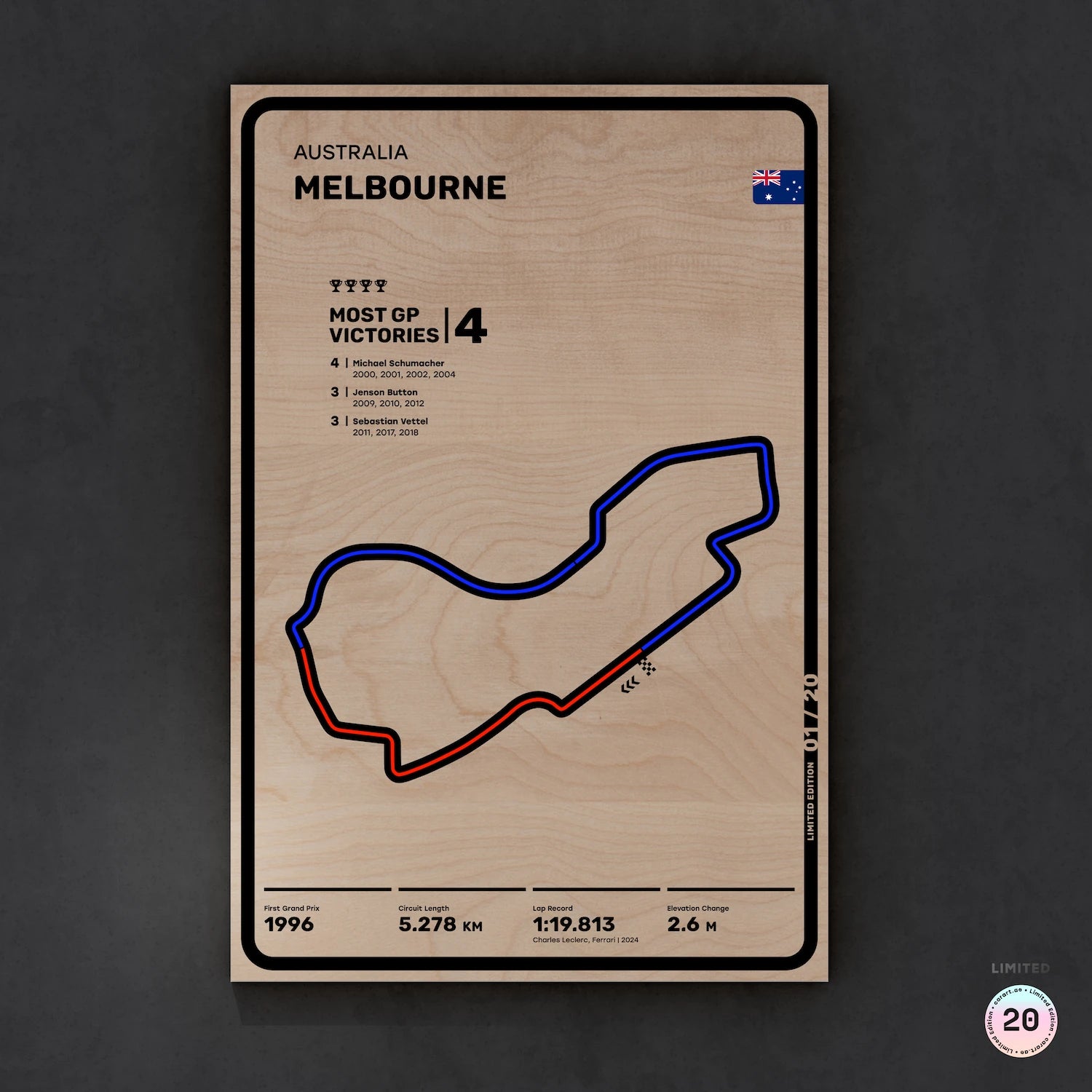 Limited wood artwork of Melbourne F1 racetrack with 3D depth texture – CarArt Dubai