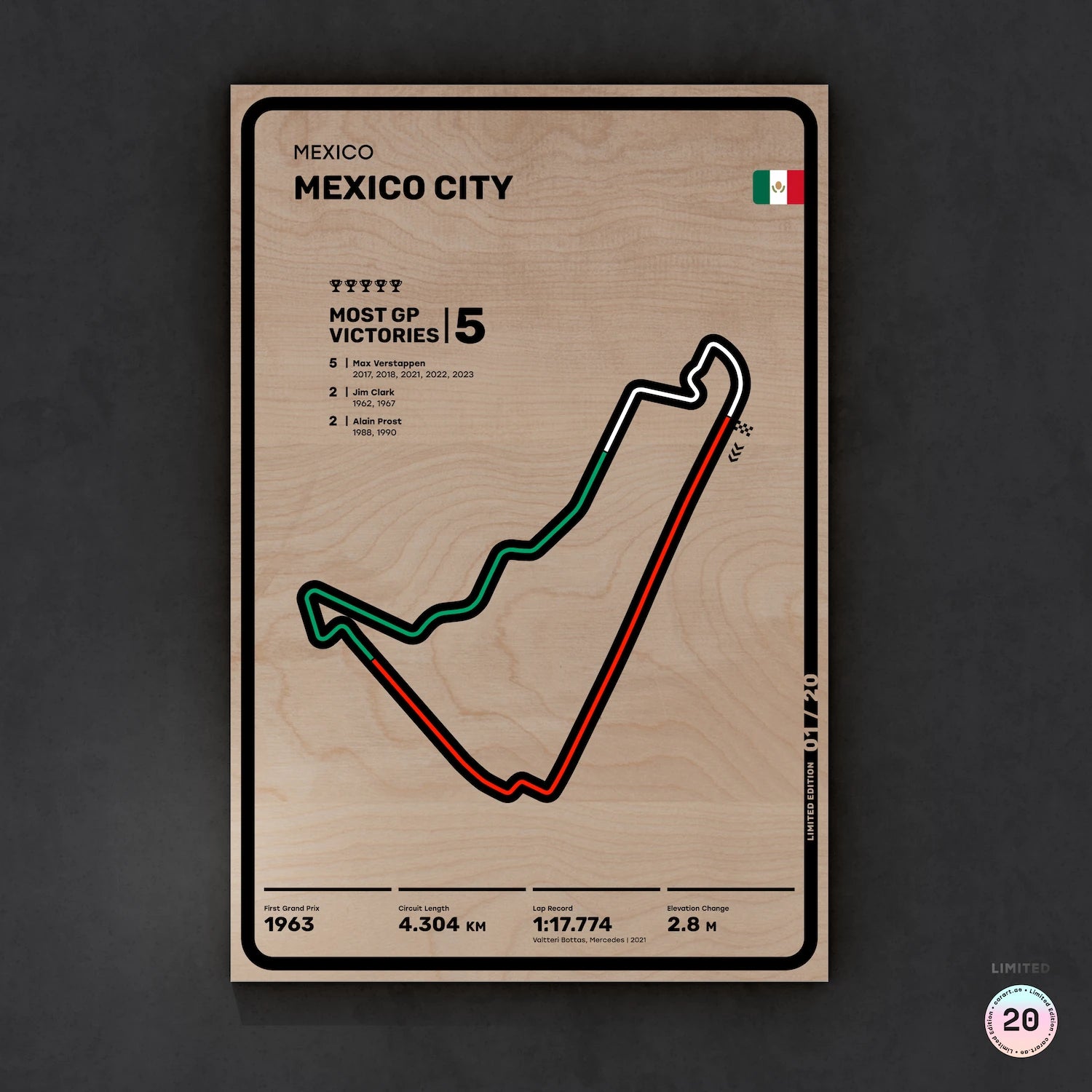 Limited wood artwork of Mexico City F1 racetrack with 3D depth texture – CarArt Dubai