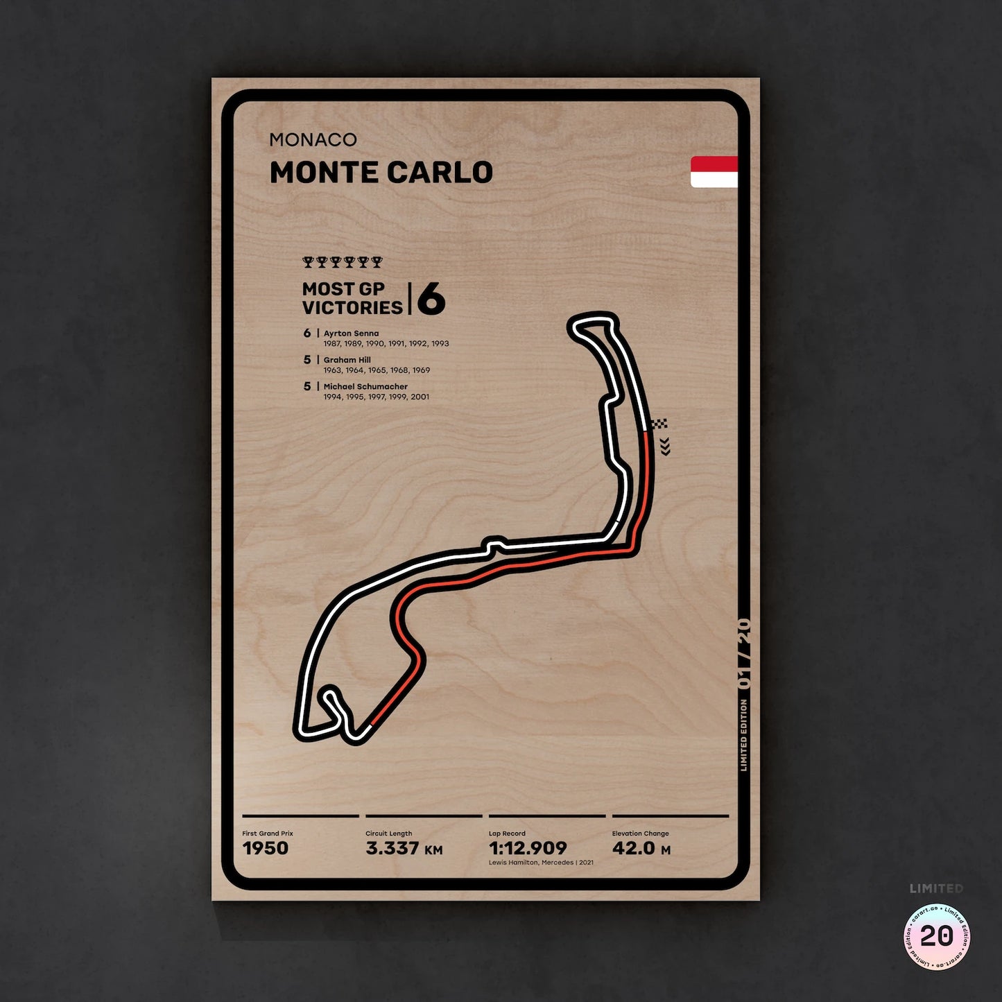 Limited wood artwork of Monaco Monte Carlo F1 racetrack with 3D depth texture – CarArt Dubai