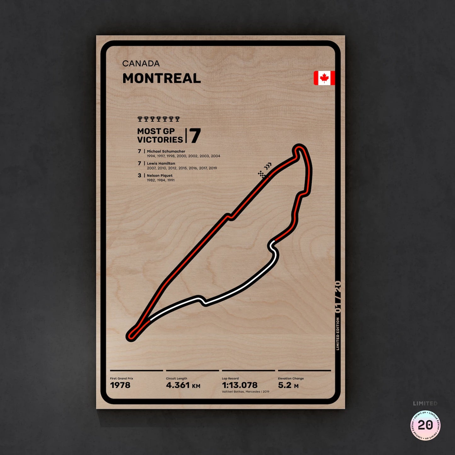 Limited wood artwork of Montréal F1 racetrack with 3D depth texture – CarArt Dubai