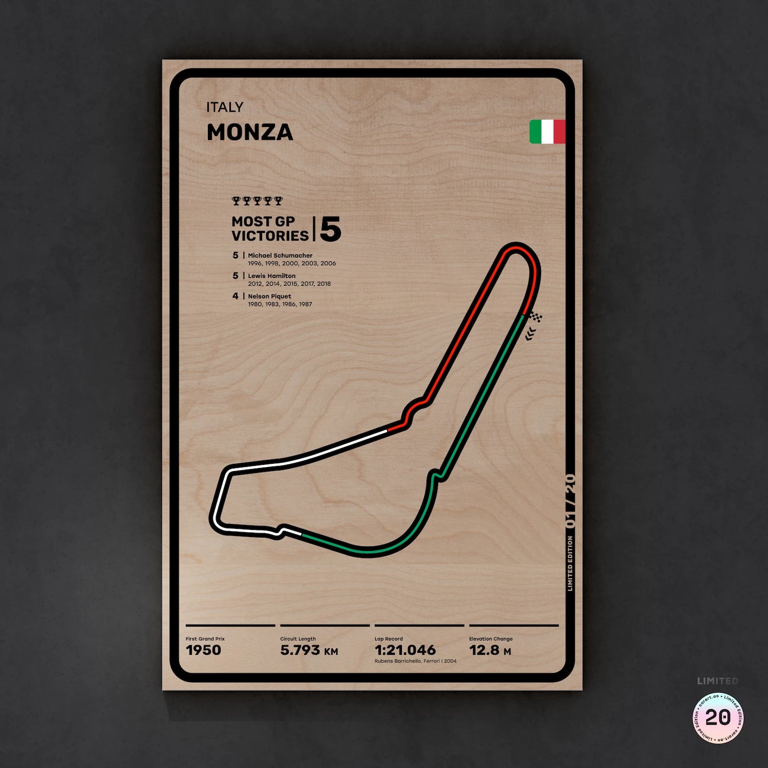 Limited wood artwork of Monza F1 racetrack with 3D textured depth – CarArt Dubai