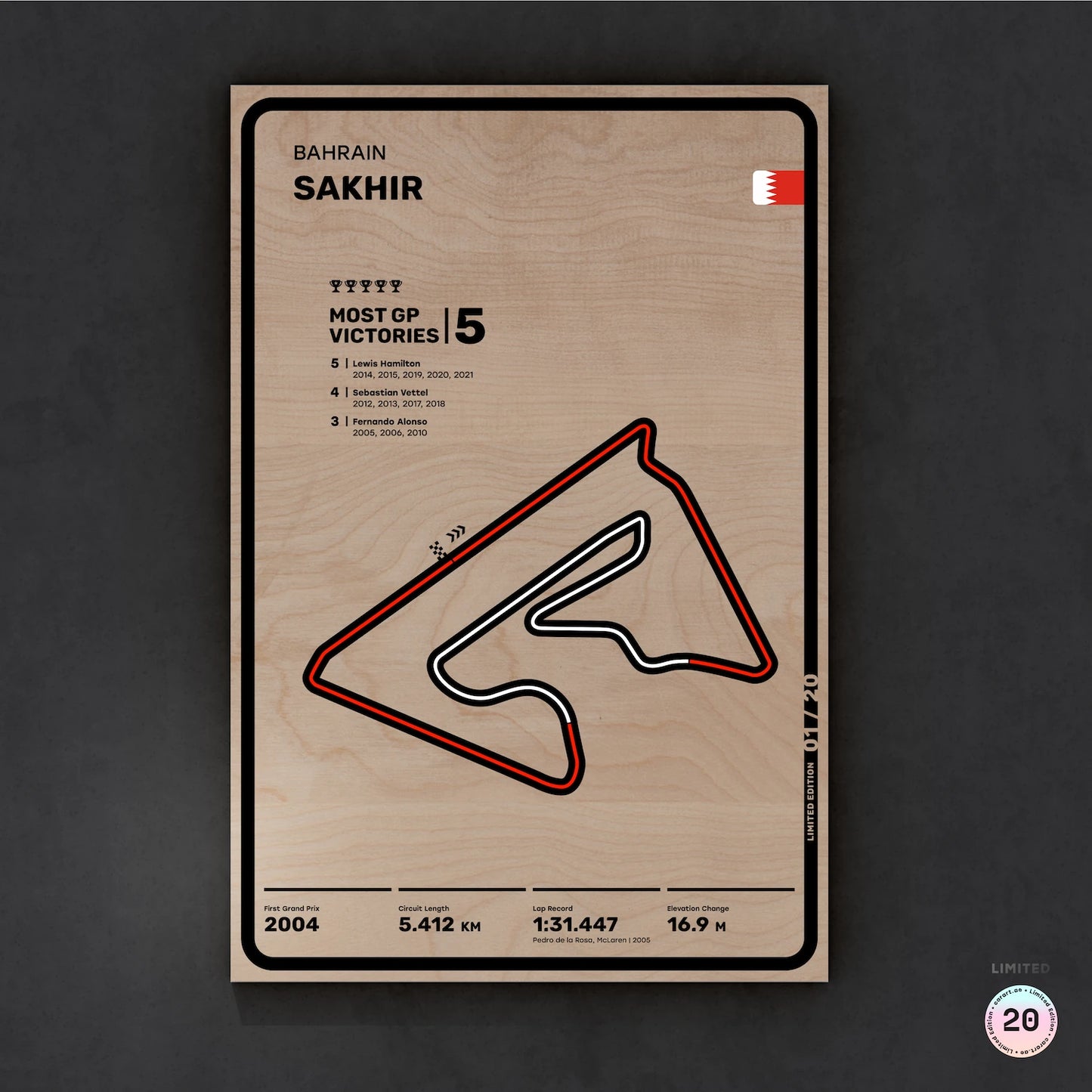 Limited wood artwork of Sakhir Bahrain F1 racetrack with 3D depth texture – CarArt Dubai