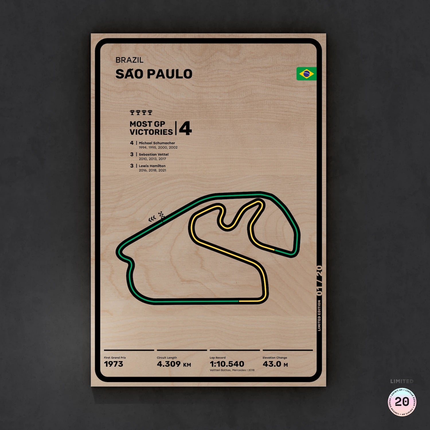 Limited wood artwork of São Paulo F1 racetrack with 3D depth texture – CarArt Dubai