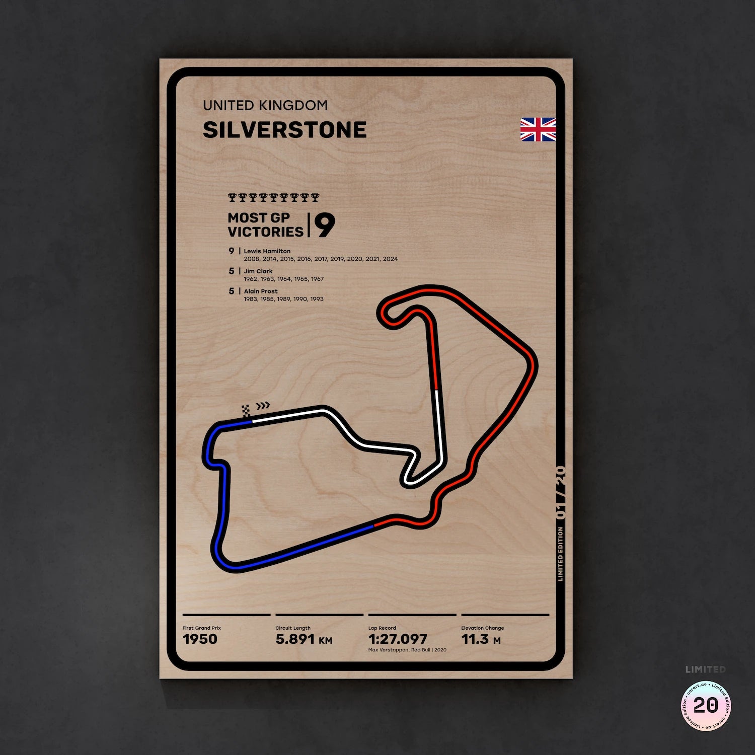 Limited wood artwork of Silverstone UK F1 racetrack with 3D textured depth – CarArt Dubai