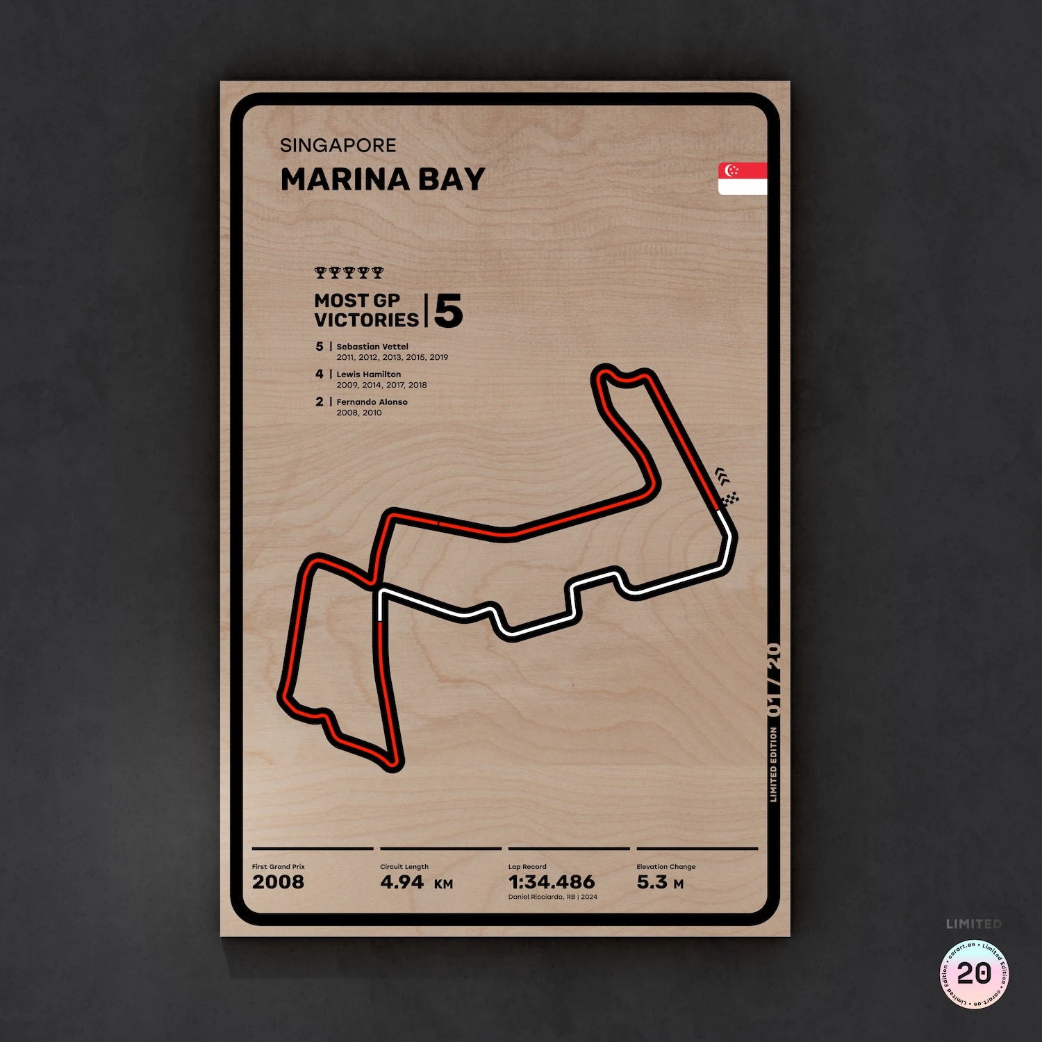 Limited wood artwork of Singapore Marina Bay F1 racetrack with 3D textured depth – CarArt Dubai