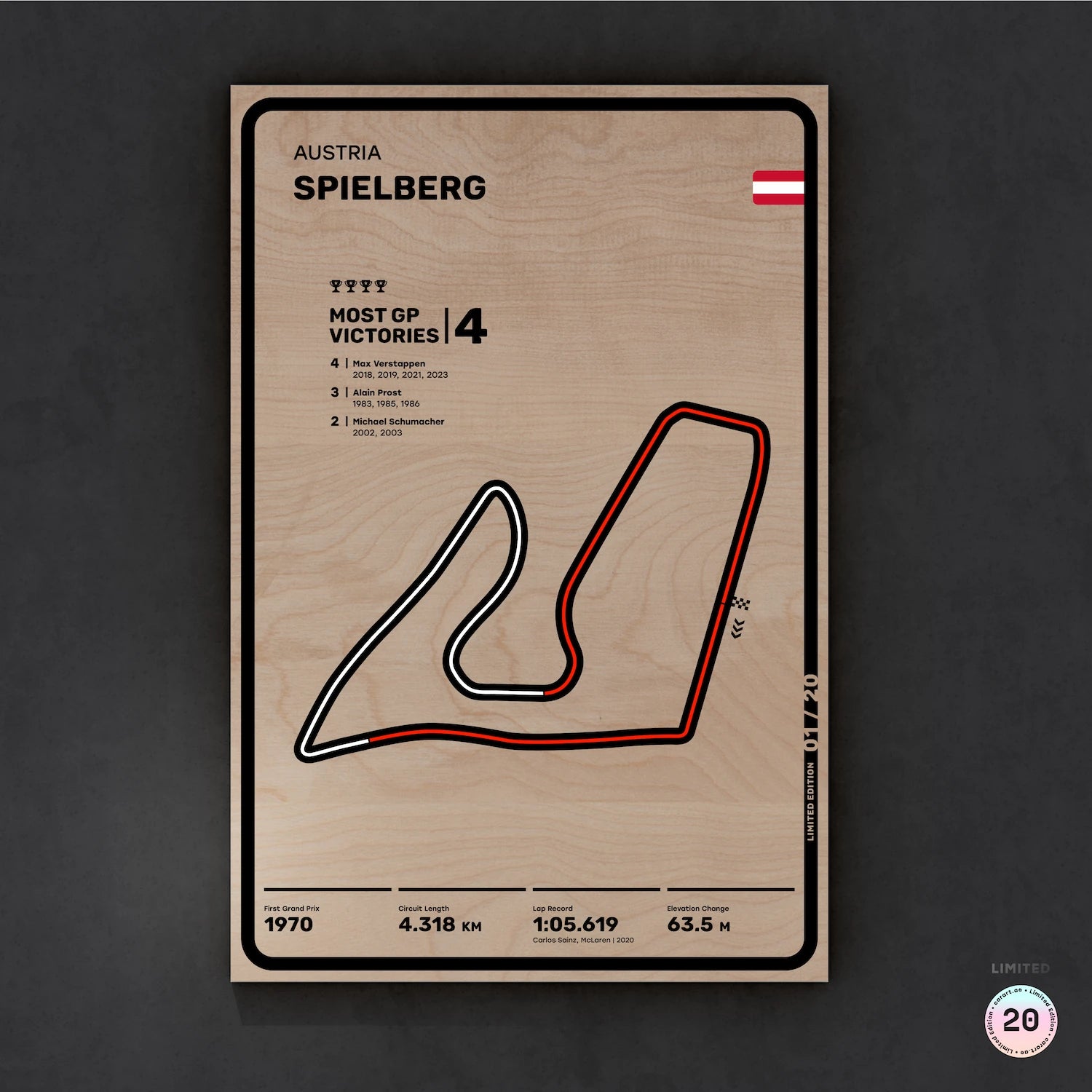 Limited wood artwork of Spielberg F1 racetrack with 3D depth texture – CarArt Dubai