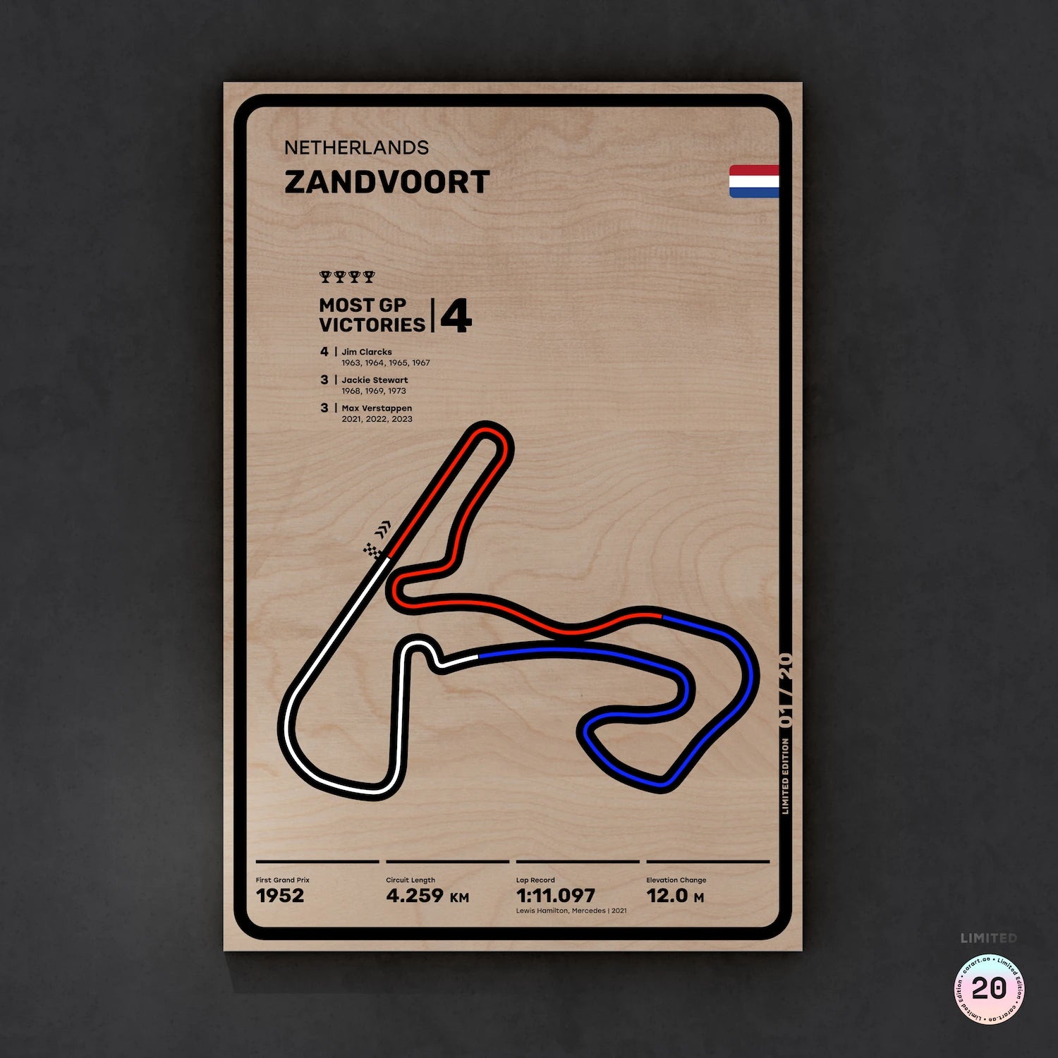 Limited wood artwork of Zandvoort Dutch GP F1 racetrack with 3D textured depth – CarArt Dubai